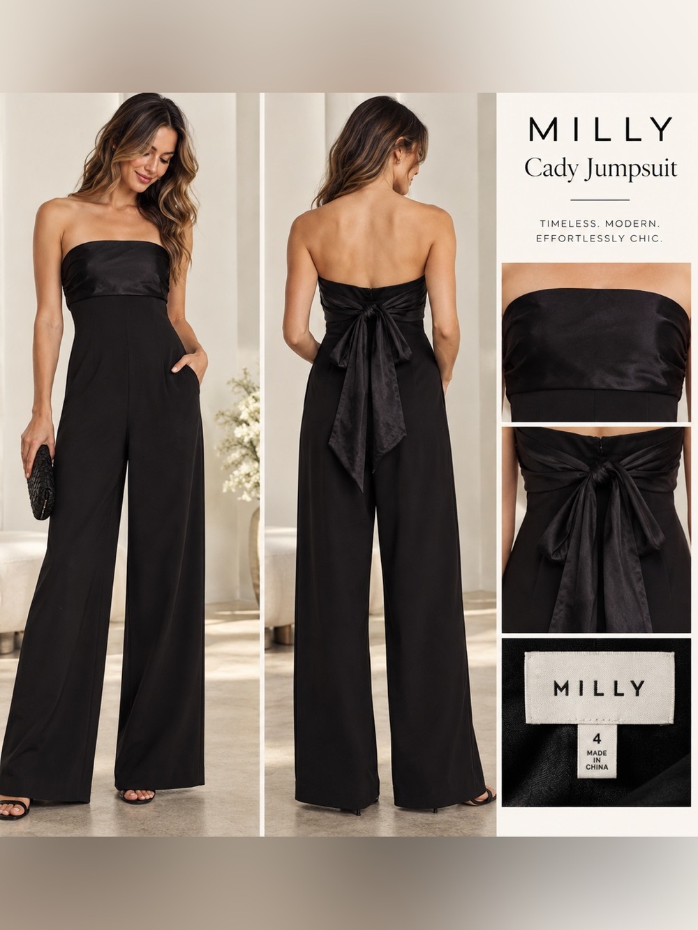 Milly Cady Black Strapless Wide Leg Jumpsuit Satin Bow Tie Back Size 4 msrp $475